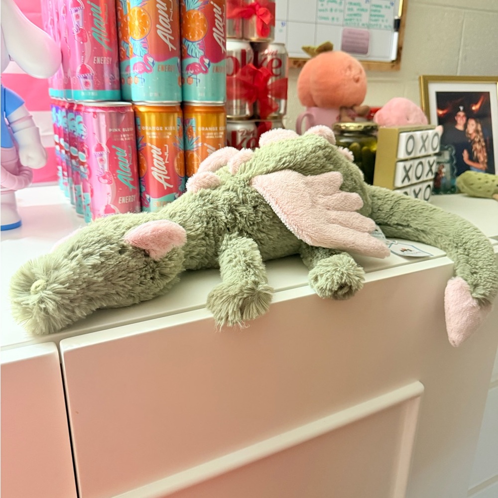 Jellycat Sage Green Dragon Plush with Blush Pink Wings NWT